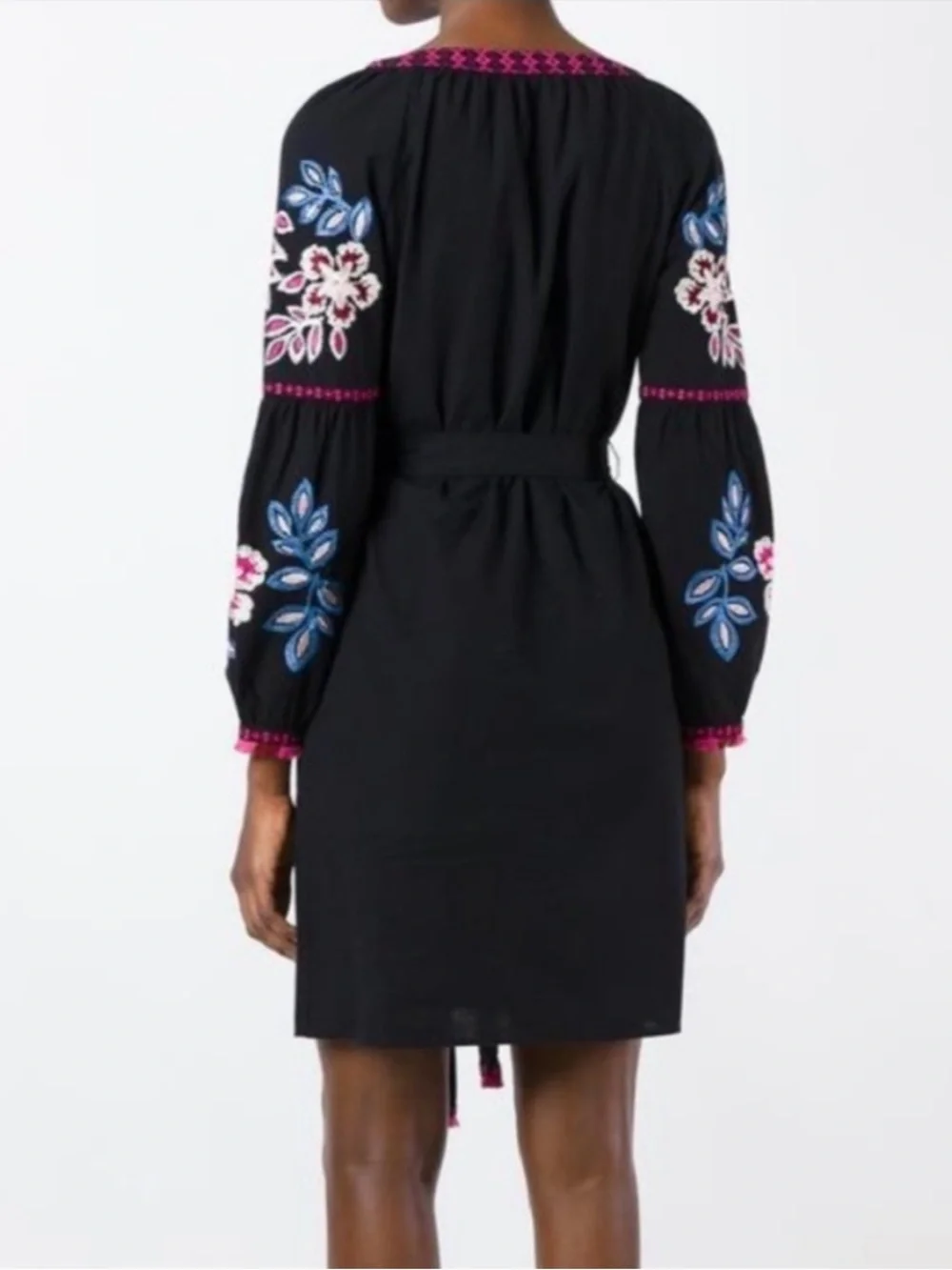 Tory Burch Theresa Embroidered Dress Black Pink Floral Tie Waist Size 6 Bohemian